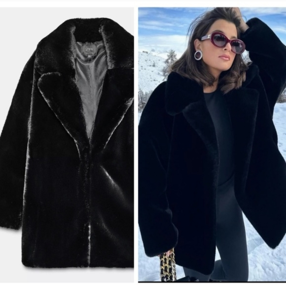 Zara FAUX FUR COAT BLACK Size XS S M - Picture 3 of 16